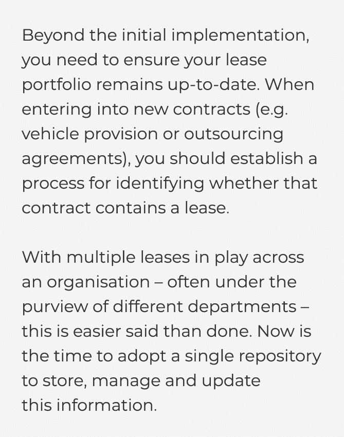  Beyond the initial implementation, you need to ensure your lease portfolio remains up-to-date  When entering into ne   