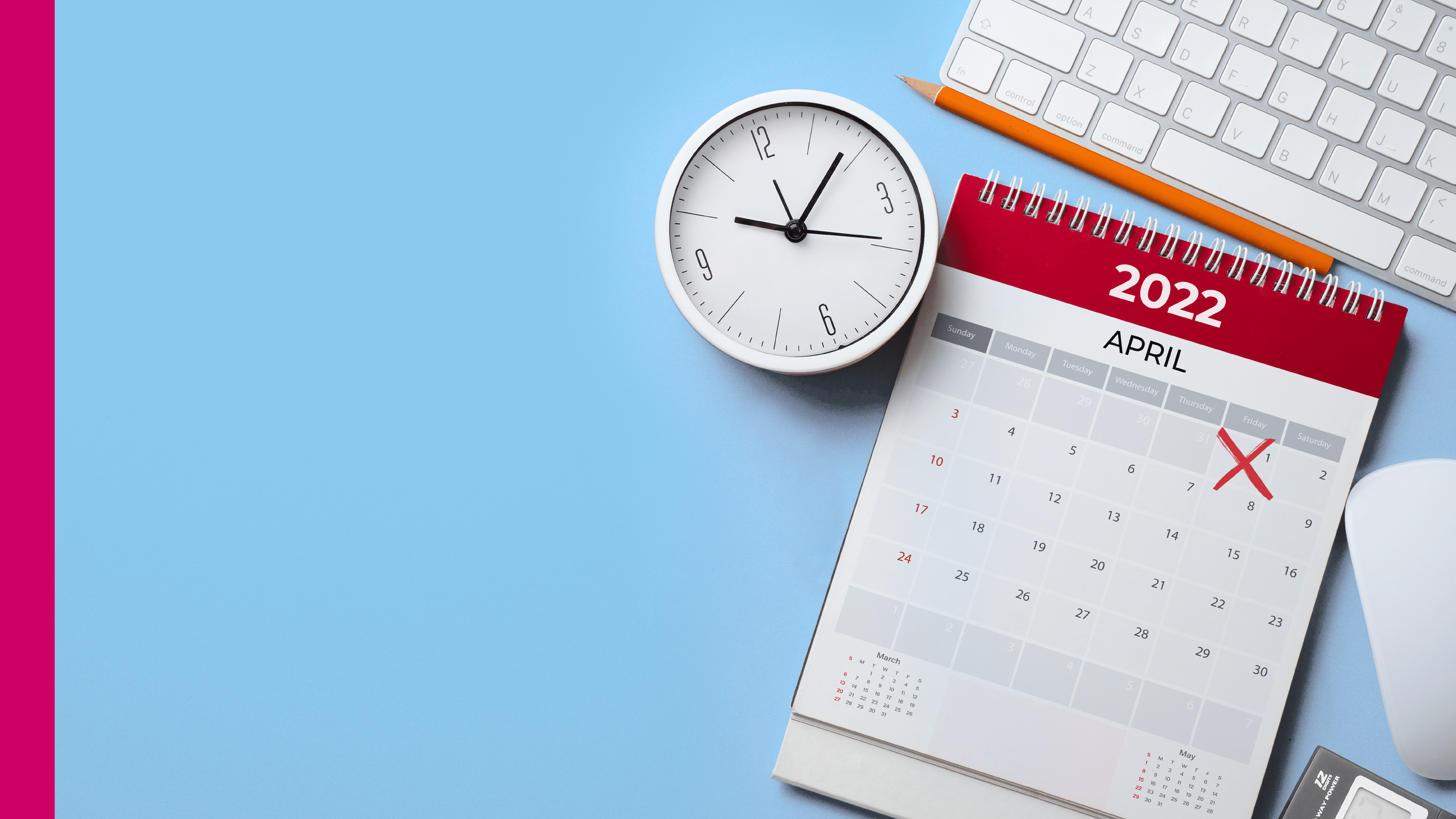 close up of calendar, alarm clock and accessories on the blue table background, planning for business meeting or travel planning concept