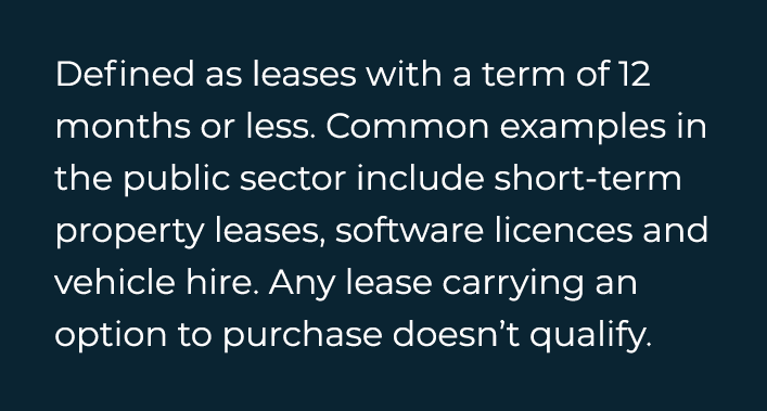  Defined as leases with a term of 12 months or less  Common examples in the public sector include short-term property   