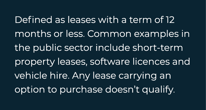  Defined as leases with a term of 12 months or less  Common examples in the public sector include short-term property   