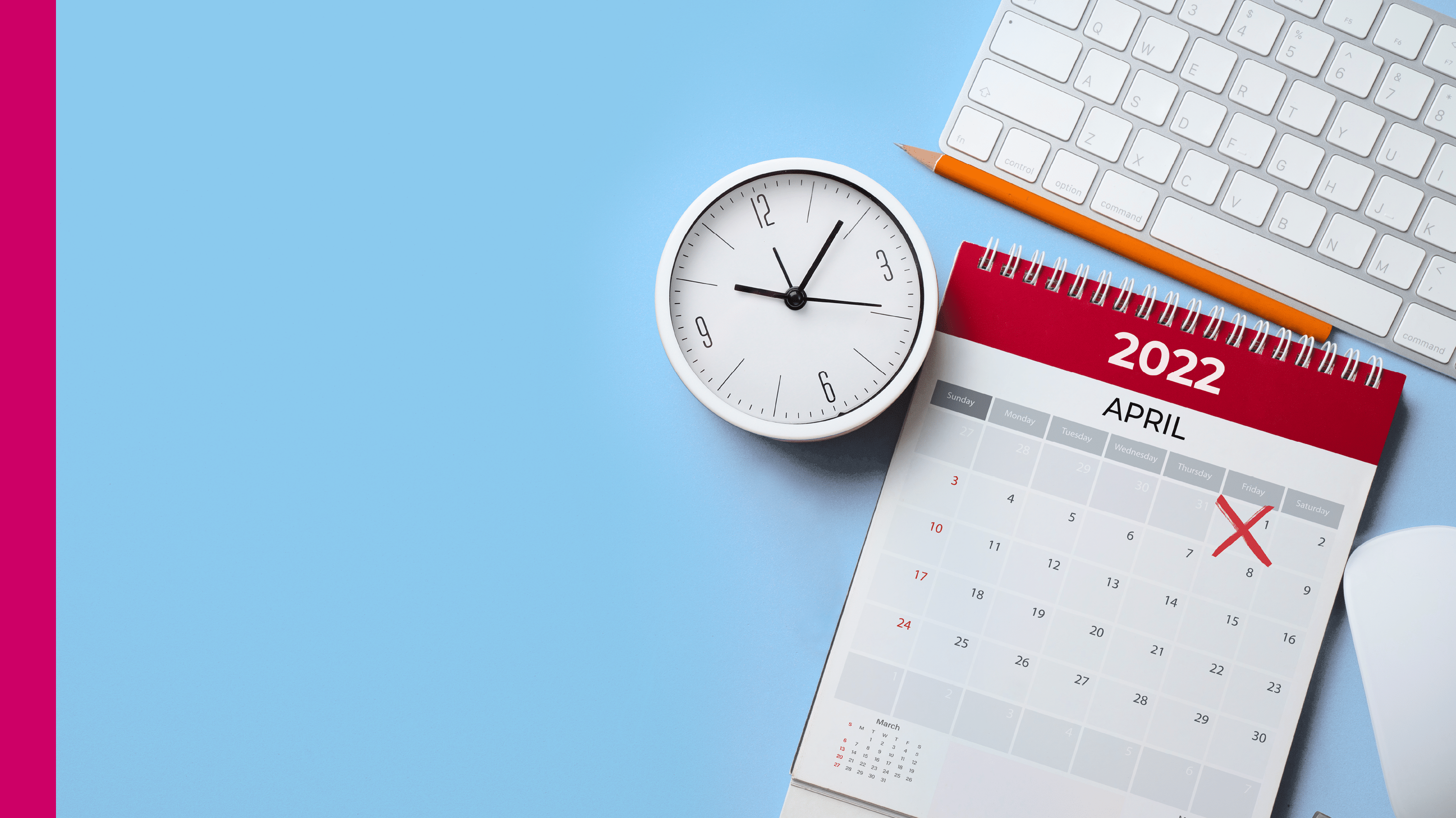 close up of calendar, alarm clock and accessories on the blue table background, planning for business meeting or travel planning concept