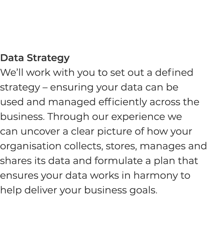 Data Strategy We ll work with you to set out a defined strategy   ensuring your data can be used and managed efficien   
