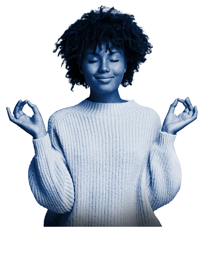 People, peace and meditation concept. Calm black young woman practices yoga indoor, shows okay sign with both hands, demonstrates approval, wears pink clothing, isolated over blue background