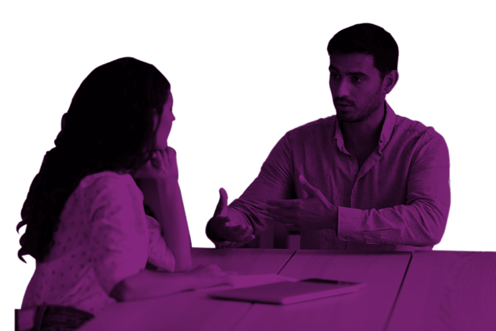 Latino male company position candidate answers questions during job interview in office, female recruiter listen to applicant. Staffing, business meeting of client and manager, human resources concept