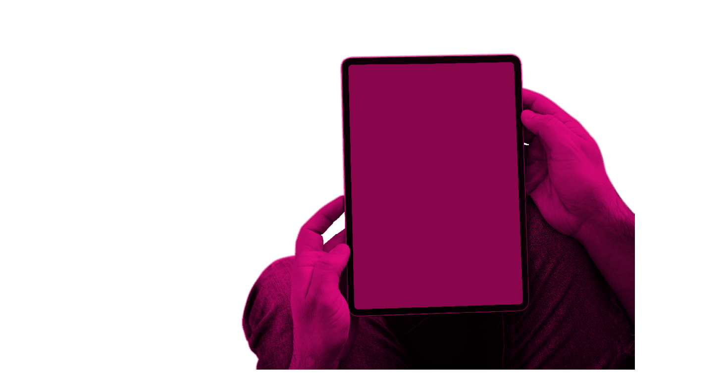 Black tablet device mockup in male hands. Top view with copy space.