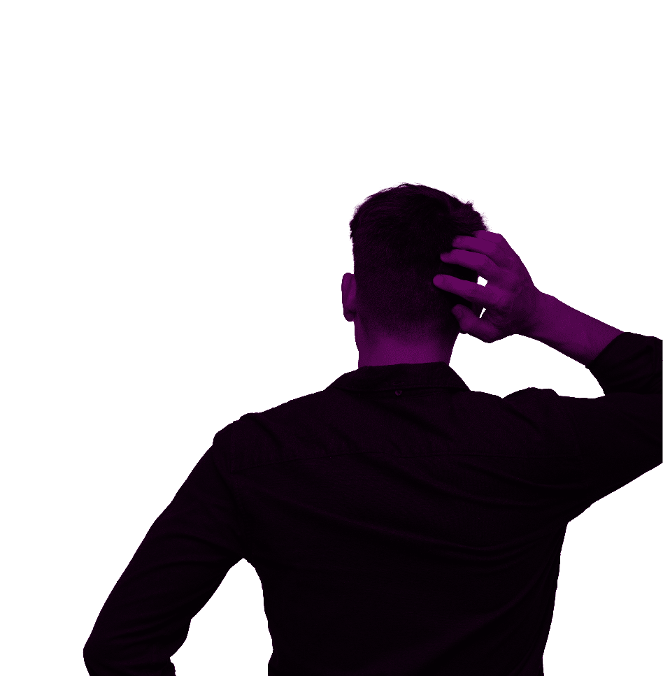 young handsome man feeling clueless and confused, thinking a solution, with hand on hip and other on head, rear view