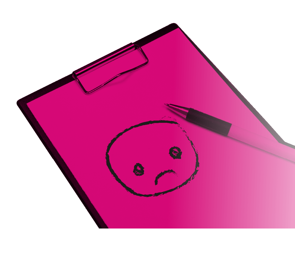 Clipboard with white sheet and pen on a colored background. View from above. space for text