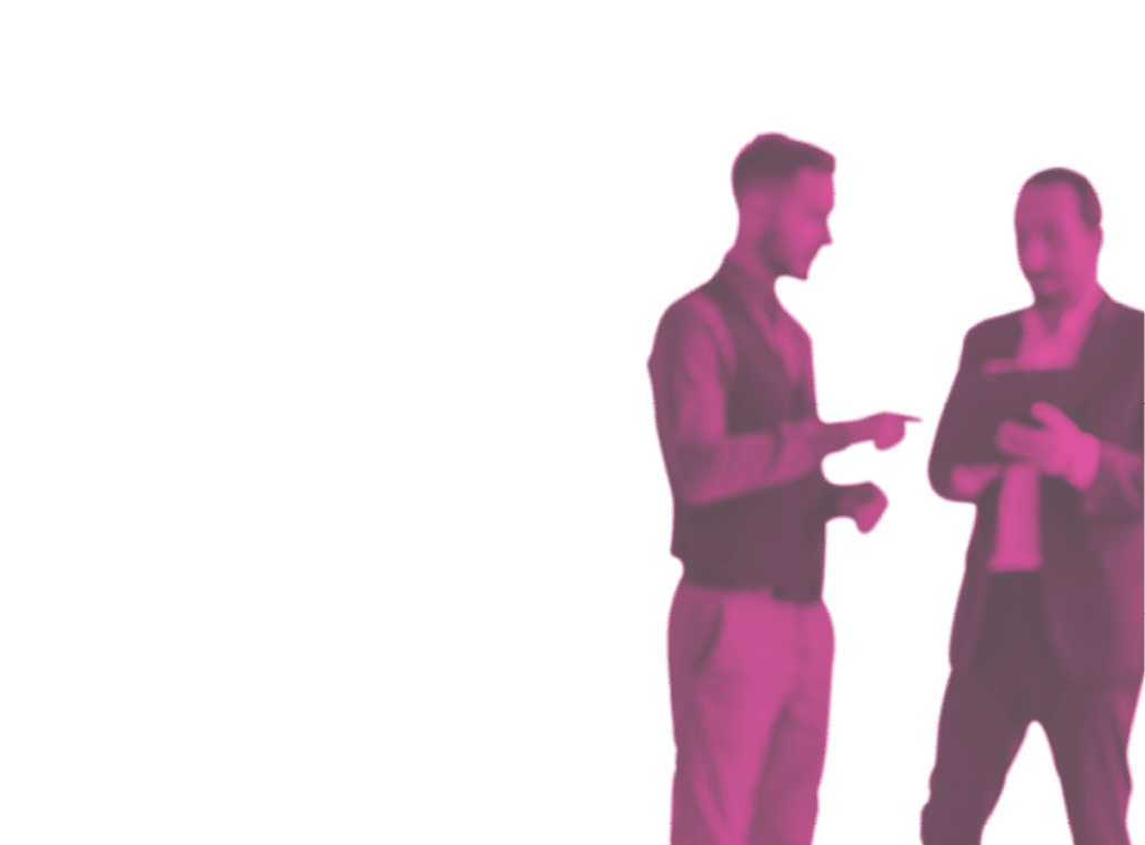 Portrait of pretty office female employee with folder in hands, smiling lovely at the camera and her coleagues discussing something on blurred background.