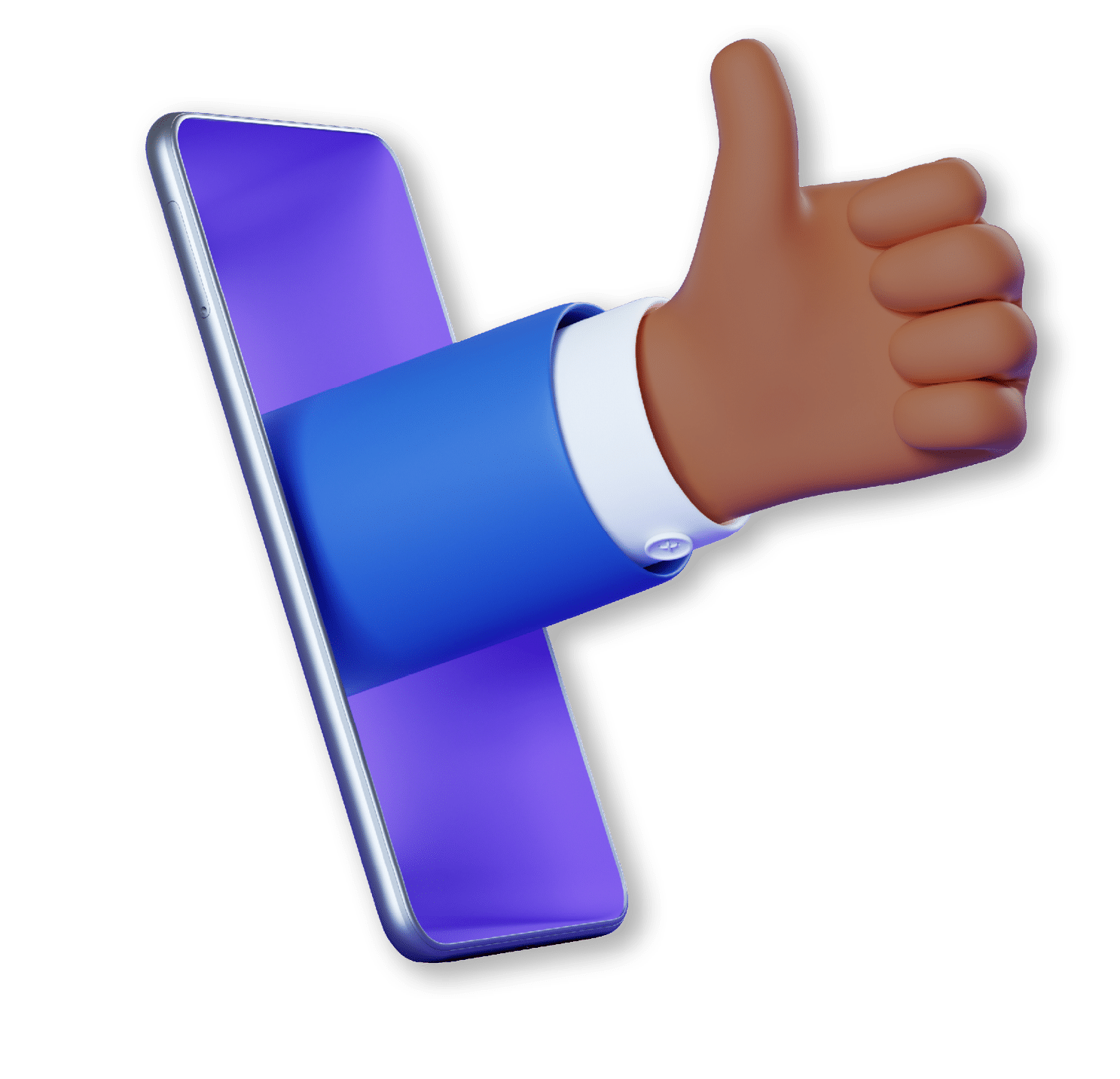 3d illustration. Cartoon character businessman hand shows like gesture, thumbs up, sticking out the smart phone screen. Business clip art isolated on violet background. Approval concept