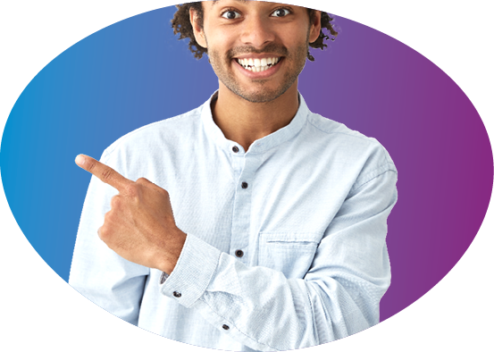 Horizontal portrait of dark-skinned handsome man having broad smile wearing formal white shirt posing against white background pointing with index finger at white copy space for your advertisment