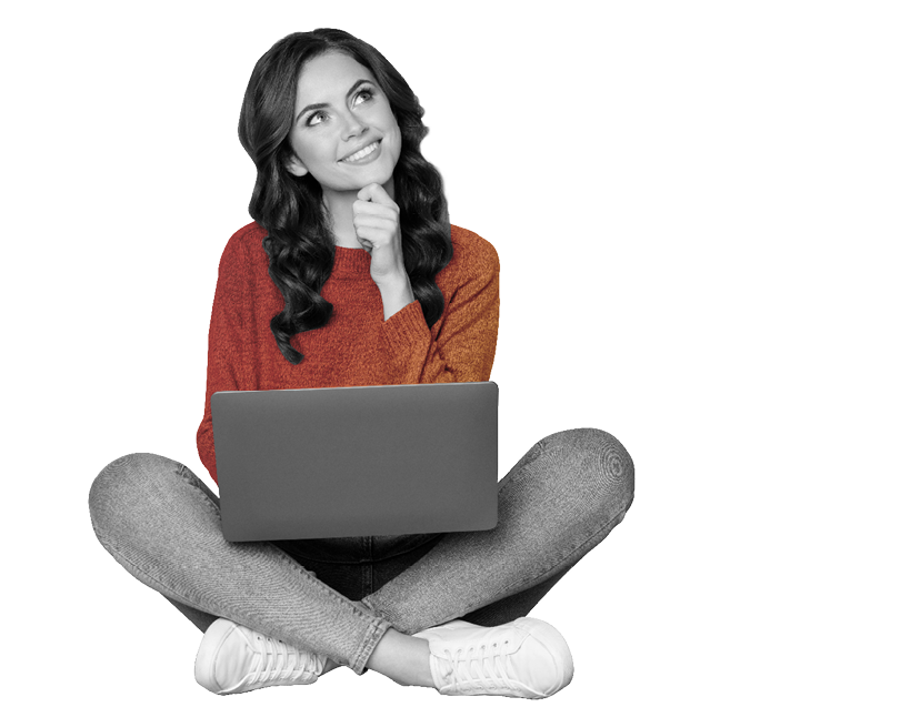 Photo of smart curious student in red pullover using netbook to write email to her friend making up story isolated over yellow background with copy space