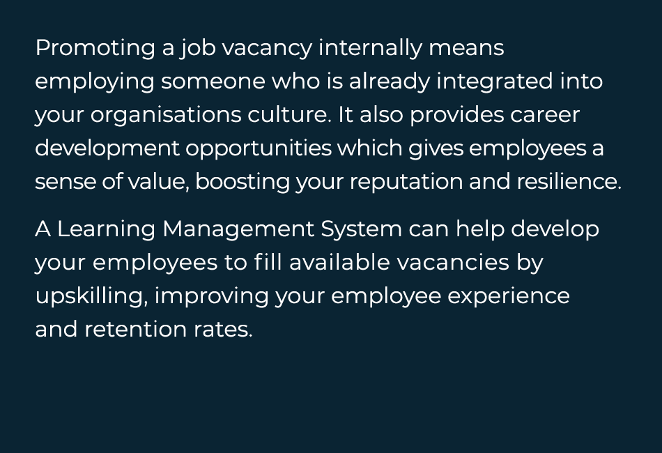 Promoting a job vacancy internally means employing someone who is already integrated into your organisations culture...