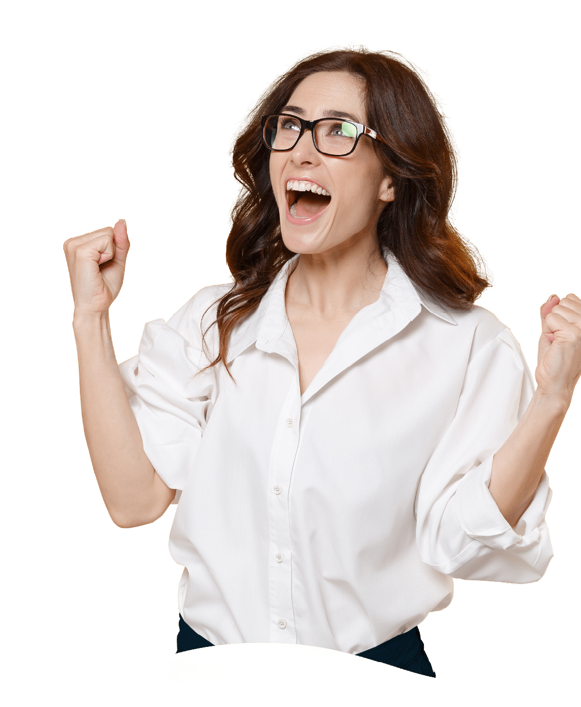 Excited young brunette business woman in white shirt glasses isolated on yellow wall background studio portrait  Achievement career wealth business concept  Mock up copy space  Doing winner gesture