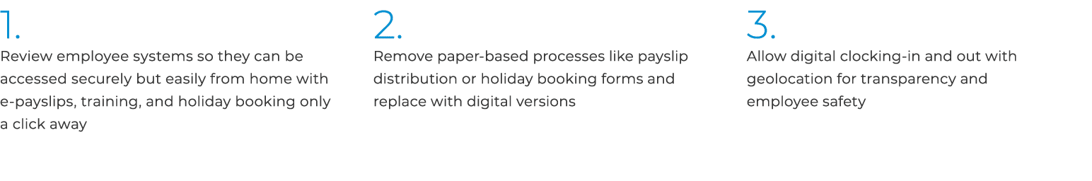 1. Review employee systems so they can be accessed securely but easily from home with e-payslips, training, and holid...