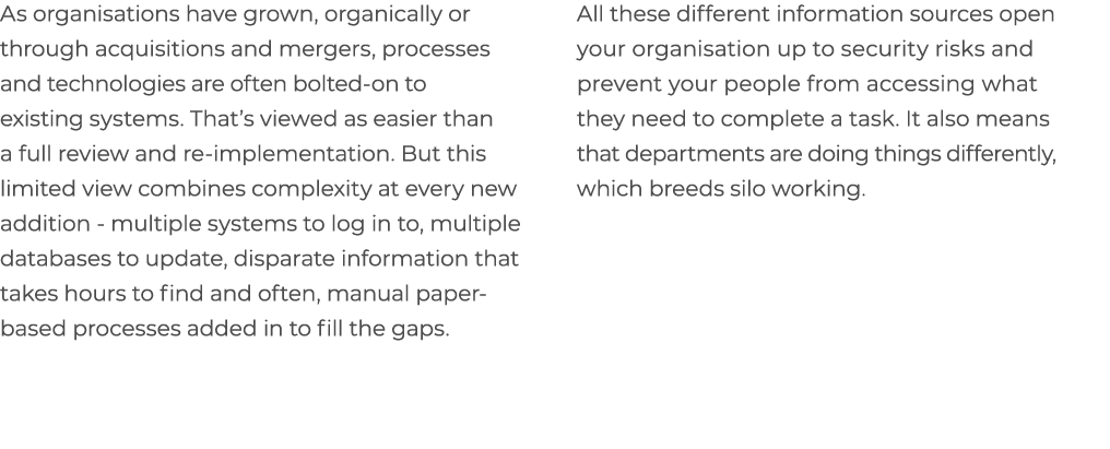 As organisations have grown, organically or through acquisitions and mergers, processes and technologies are often bo...