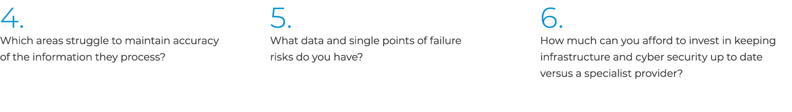 4. Which areas struggle to maintain accuracy of the information they process? 5. What data and single points of failu...