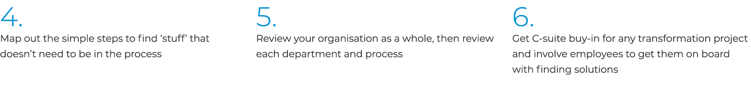 4. Map out the simple steps to find ‘stuff’ that doesn’t need to be in the process 5. Review your organisation as a w...