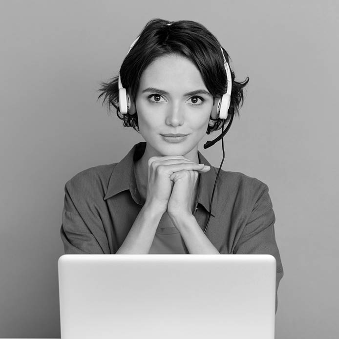 Photo of young woman confident consultant coworking agent headphone speaker isolated over violet color background