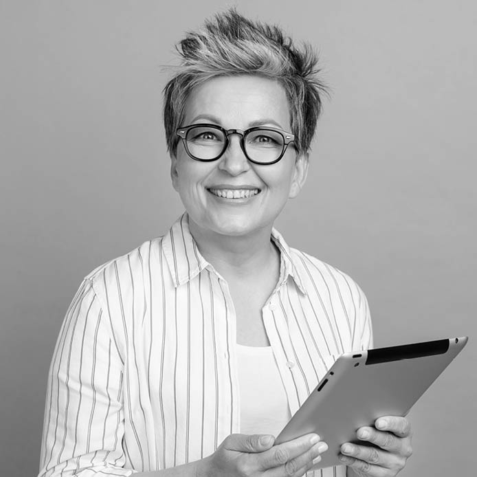 Photo of cheerful attractive lady consultant wear smart casual apparel hold tablet apple ipad technology isolated on cyan color background