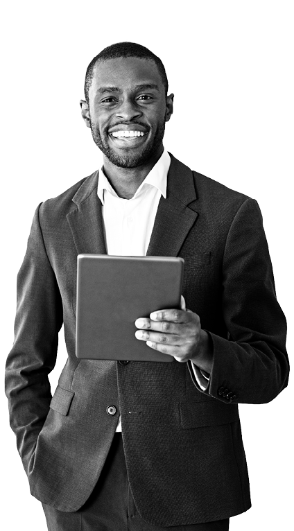 Cheerful young African American businessman holding tablet computer over purple background. Concept of social media. Mock up