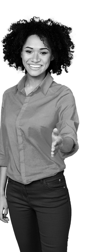 Photo of attractive lady arm handshake you promotion career wear smart casual isolated on blue color background