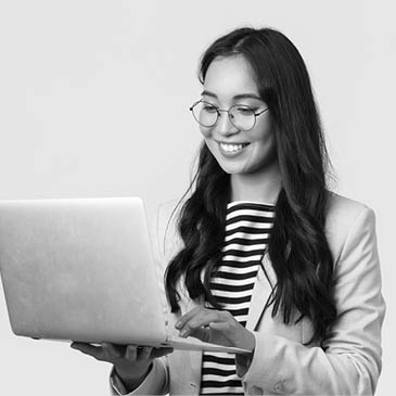 Business, finance and employment, female successful entrepreneurs concept. Professional stylish asian businesswoman fixing project on her way to office, using laptop standing whtie background