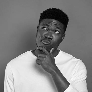 Portrait of minded intelligent person hand chin look interested empty space isolated on red color background