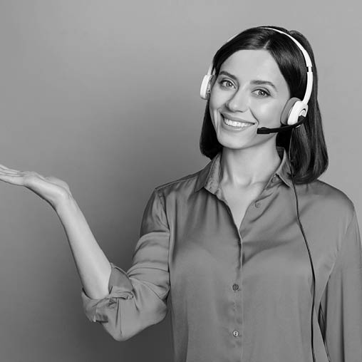 Portrait of attractive cheerful girl help desk service specialist holding copy space isolated over bright blue color background