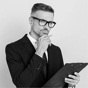 Photo of stylish minded attorney guy hold check-list think start-up strategy plan touch chin hand isolated over grey color background