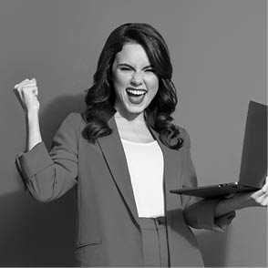 Full length photo of pretty young girl hold netbook raise arm stand tiptoe wear jacket pants footwear isolated red color background