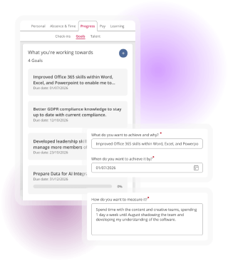 Goals dashboard showing employee objectives, target dates and progress tracking