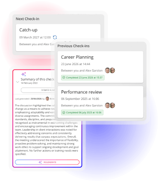 Check-in dashboard showing upcoming meetings, meeting history and AI-generated summaries
