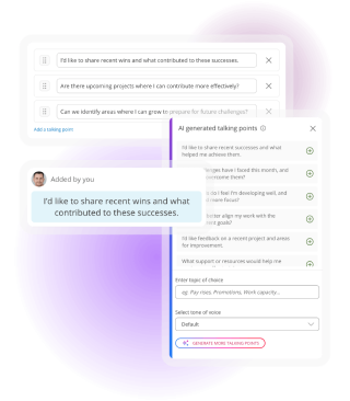 Check-in preparation screen with discussion topics and AI-generated talking point suggestions