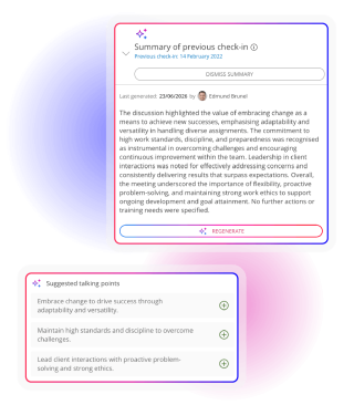 AI-generated check-in summary with suggested discussion points