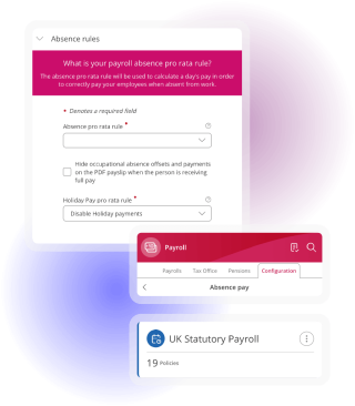 Payroll configuration screens showing absence pay rules, payroll absence settings and statutory payroll policies for managing employee absence payments