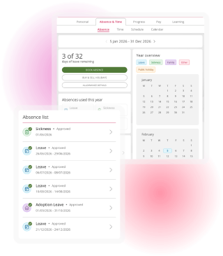Employee self-service absence dashboard displaying annual leave balance, absence history and a yearly calendar of approved leave and sickness