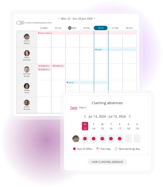Team absence planner showing employee schedules alongside a clash checker to identify overlapping leave across a team