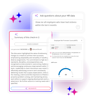 Examples of AI-powered HR features, including natural language search, automated check-in summaries and employee engagement analytics