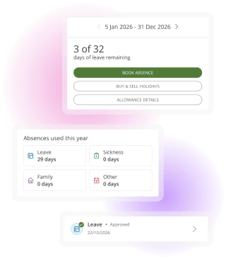 Holiday management dashboard showing leave balances and absence requests