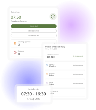 Employee timesheet dashboard showing clock-in status, approval requests and a weekly summary of hours worked