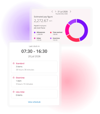 Employee timesheet and estimated pay summary showing standard hours, overtime and pay breakdown