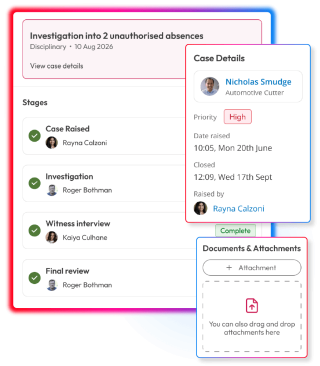 Employee relations case showing investigation stages, case details, priority, ownership and document attachments