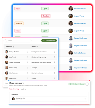 Case management tools showing case priorities and statuses, contributor assignments and a central case summary