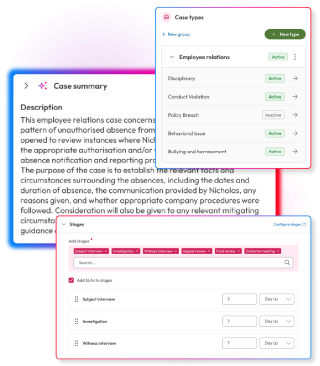 Employee relations case configuration showing AI-generated case summaries, configurable case types, investigation stages and SLA timescales