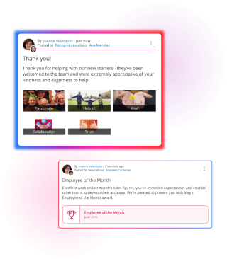 Screens demonstrating employee engagement in People First platform