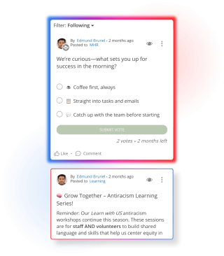 Screens demonstrating employee engagement in People First platform