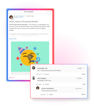 Screens demonstrating employee engagement in People First platform