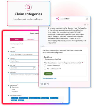 Screens to demonstrate expense management capabilities within People First platform
