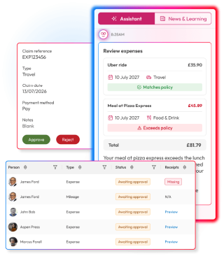 Screens to demonstrate exspense management capabilities with People First
