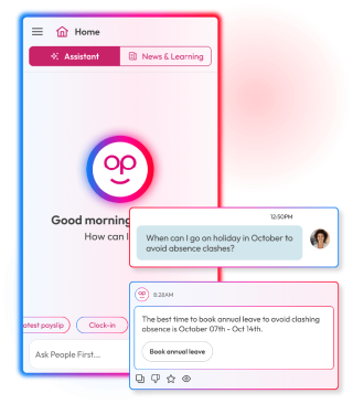 Employee questioning People First's AI assistant about when is best to book annual leave and the AI's response